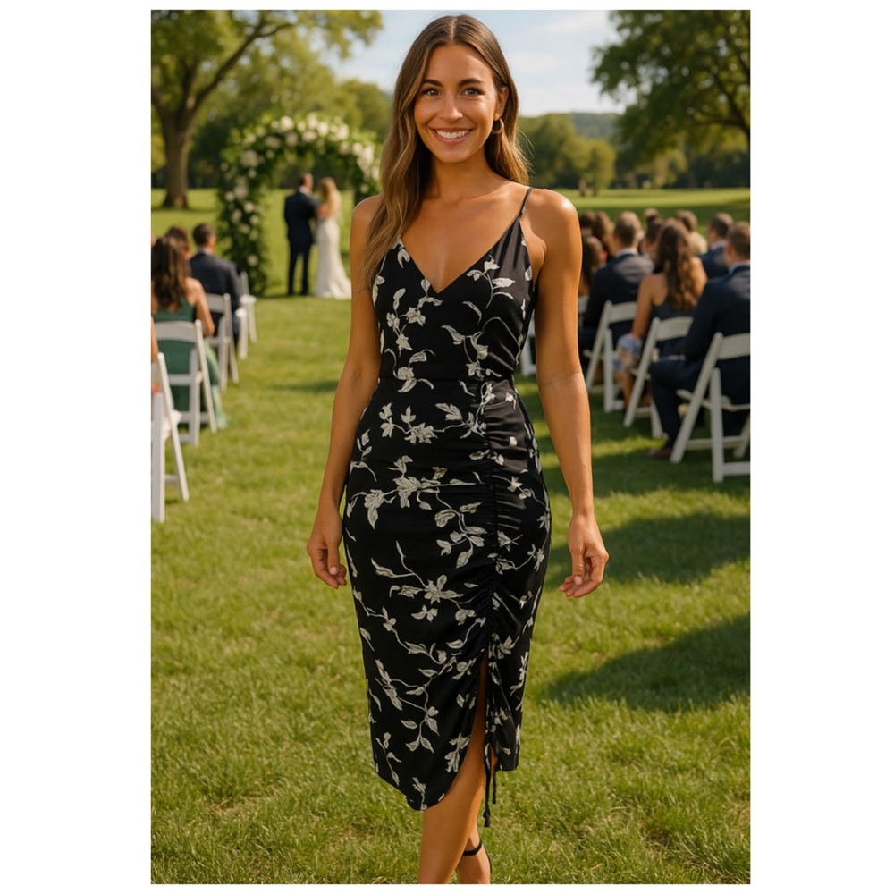 Shona Joy Black Floral Midi Dress with White Floral Print - Picture 3 of 16